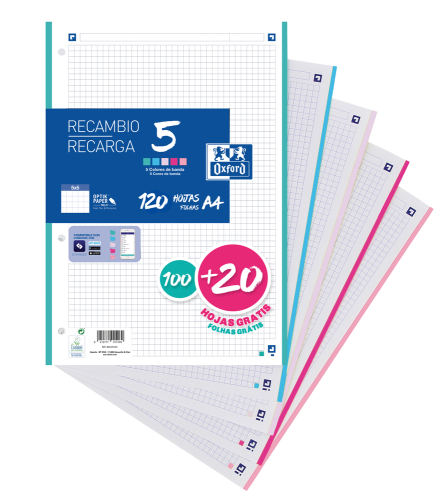 RECAMBIO 100+20 HOJAS A4 5x5 5 COLORES DE BANDA OXFORD