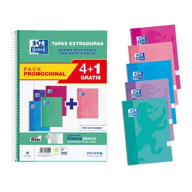 Bloc Espiral Oxford Folio Tapa Extradura 80 Hojas Cuadrícula 4 mm Pack 4+1