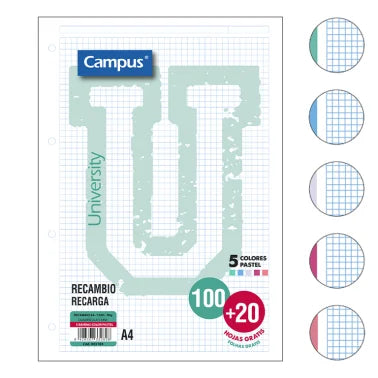 Recambio Campus A4 100 + 20 Hojas 90g Cuadrícula 5 mm Bandas Colores Pastel