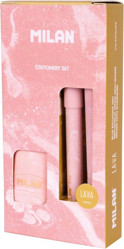 CAJA REGALO SERIE LAVA CON BOLIGRAFO PORTAMINES Y AFILABORRA ROSA MILAN