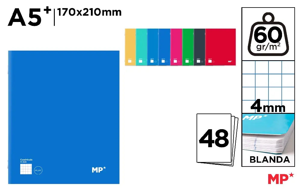 CUADERNO GRAPADO A5+ 48 HOJAS 60 g/m² 4 x 4 mm