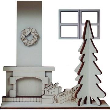 ESCENA NAVIDEÑA CHIMENEA CON ARBOL Y REGALOS 24x24cm.