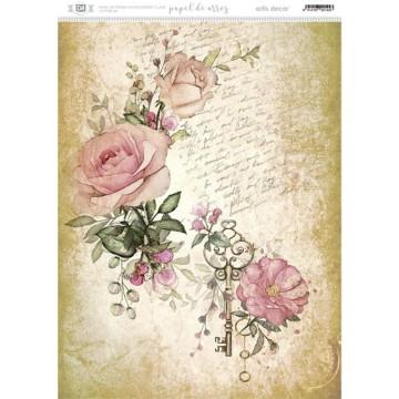 PAPEL ARROZ DEC. ARTIS DECOR 297 x32 FONDOS VINTAGE CON ROSAS Y LLAVES